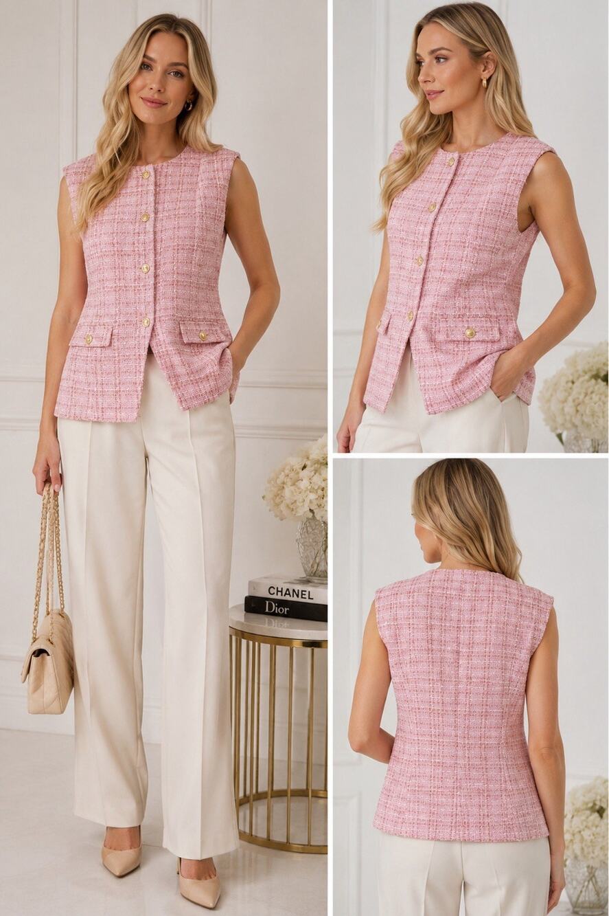 NWT Rachel Zoe XL Pink Tweed Vest Gold Button Sleeveless Blazer Jacket - Picture 1 of 9